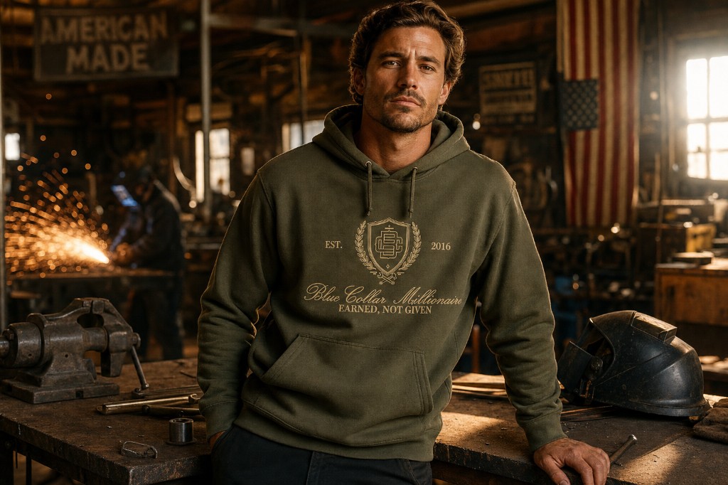 Blue Collar Millionaire lifestyle campaign in an industrial workshop