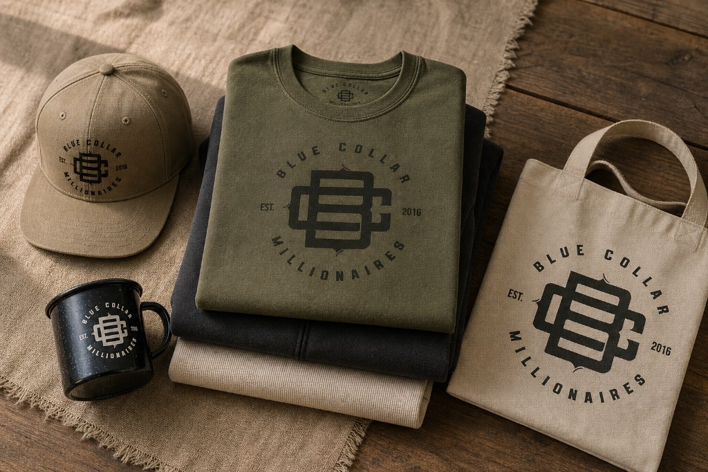 Blue Collar Millionaire merchandise flat lay with cap, apparel, and accessories